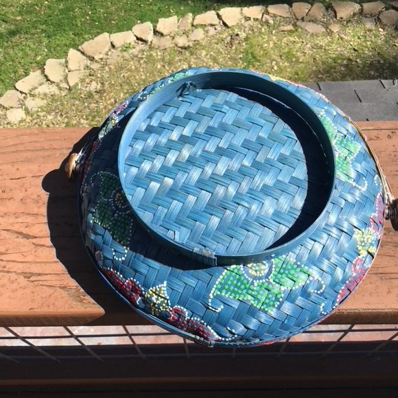 Handmade Bamboo Serving Basket 10" Food Tent Mesh Net Cover Hand Painted… - Picture 3 of 5